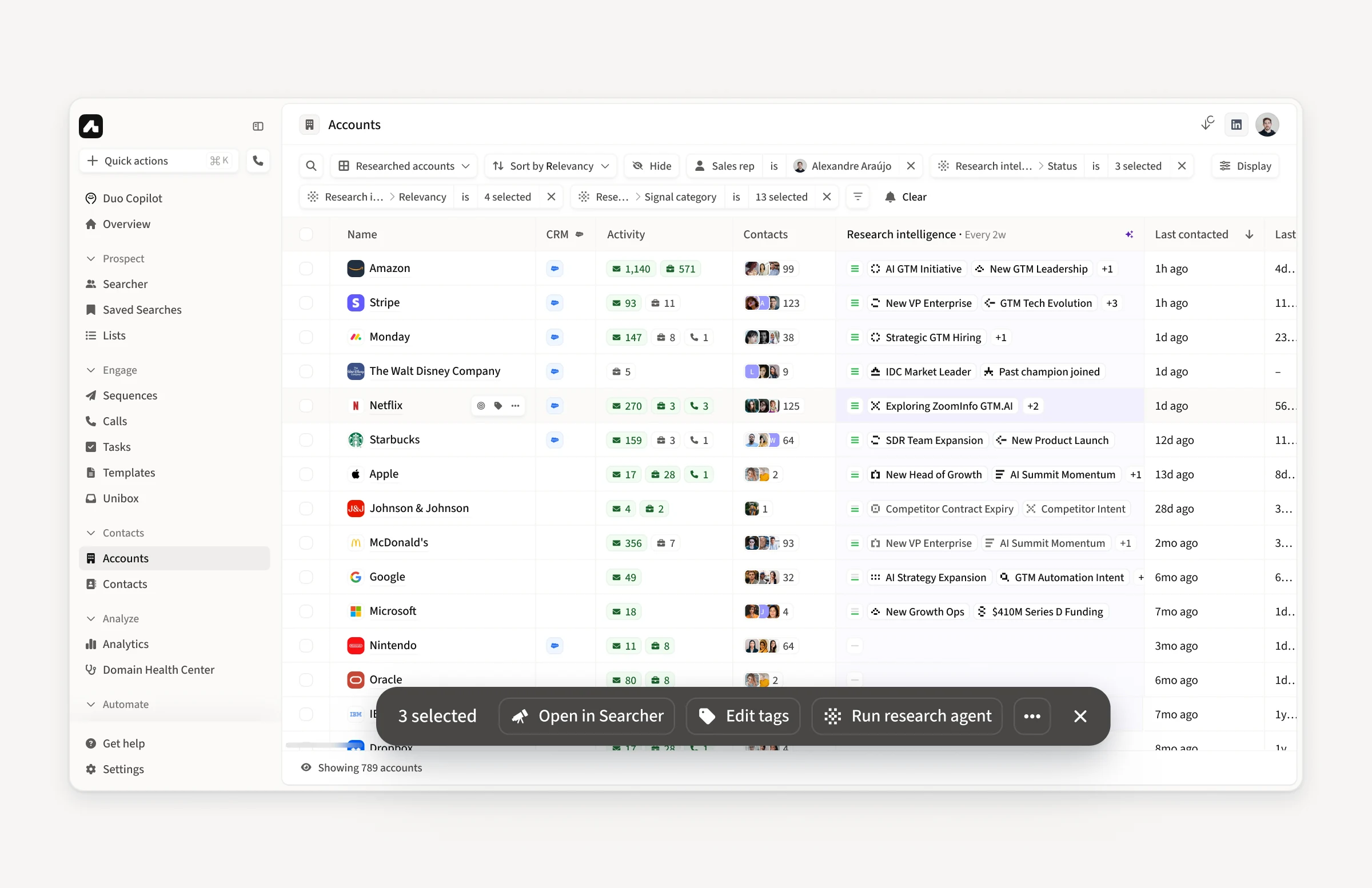 Running the research agent on selected accounts